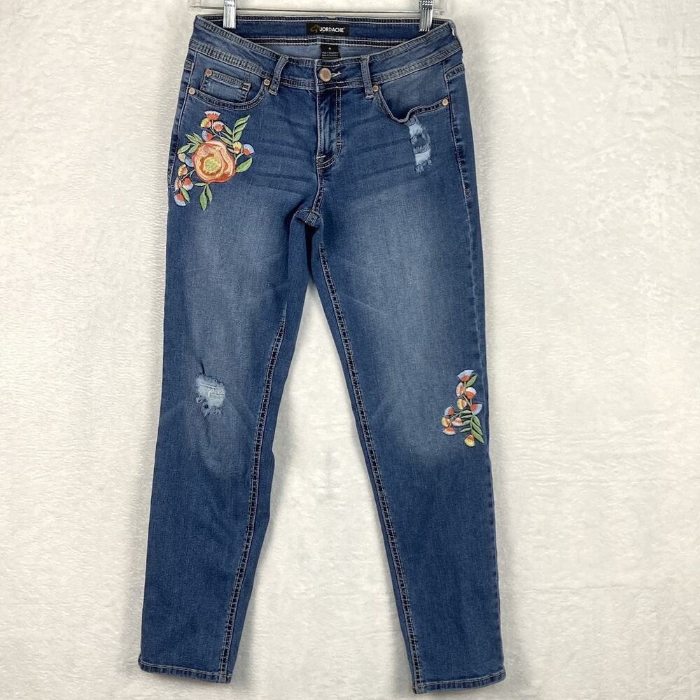 Jordache Jeans Women 4 Whiskered Faded Floral Embroidered Western Stretch Y2K